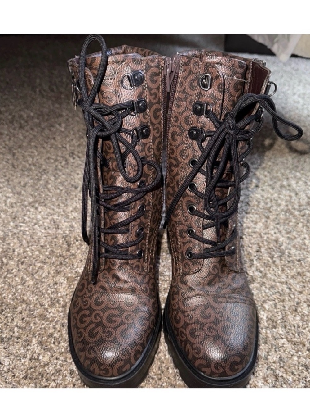 G by Guess Brown Monogram Lace-Up Combat Boots